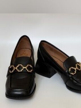 Sam & Libby Black Leather Block Heel Loafers with Gold Chain Detail